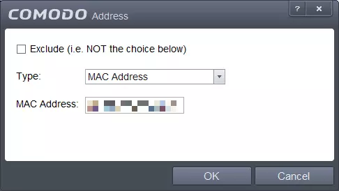 comodo address dropdown with MAC Address the selected option