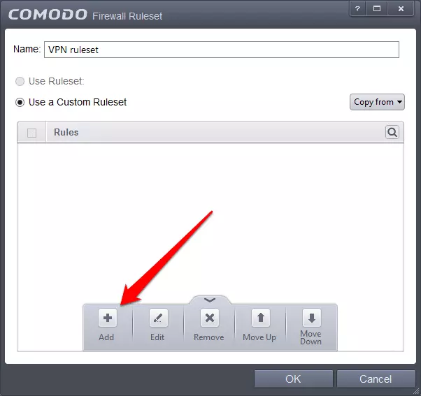 VPN zone ruleset with arrow pointing to "add" to add a new rule