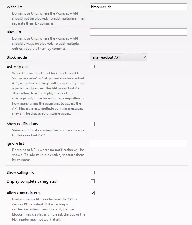 CanvasBlocker options