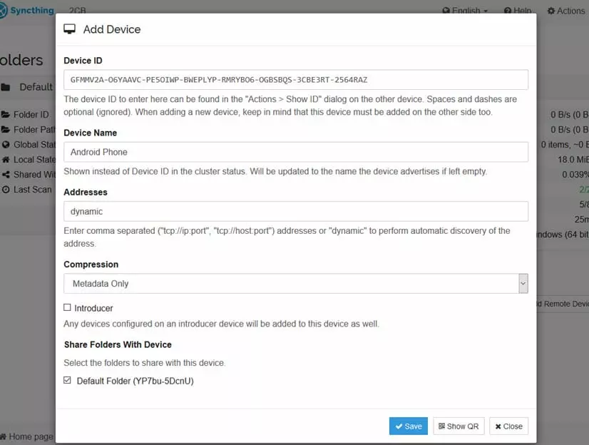 Syncthing PC add device