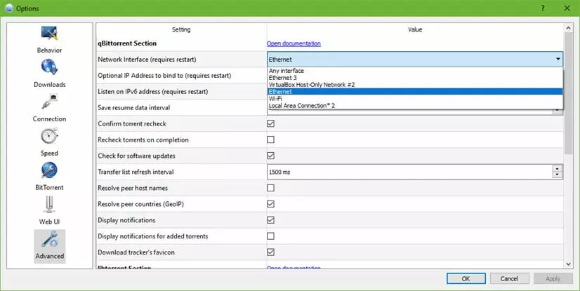 qBittorrent Network Interface Options