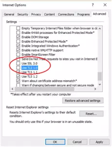 SSL settings for Internet Explorer
