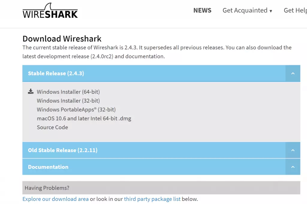 Wireshark installation page Wireshark installation page