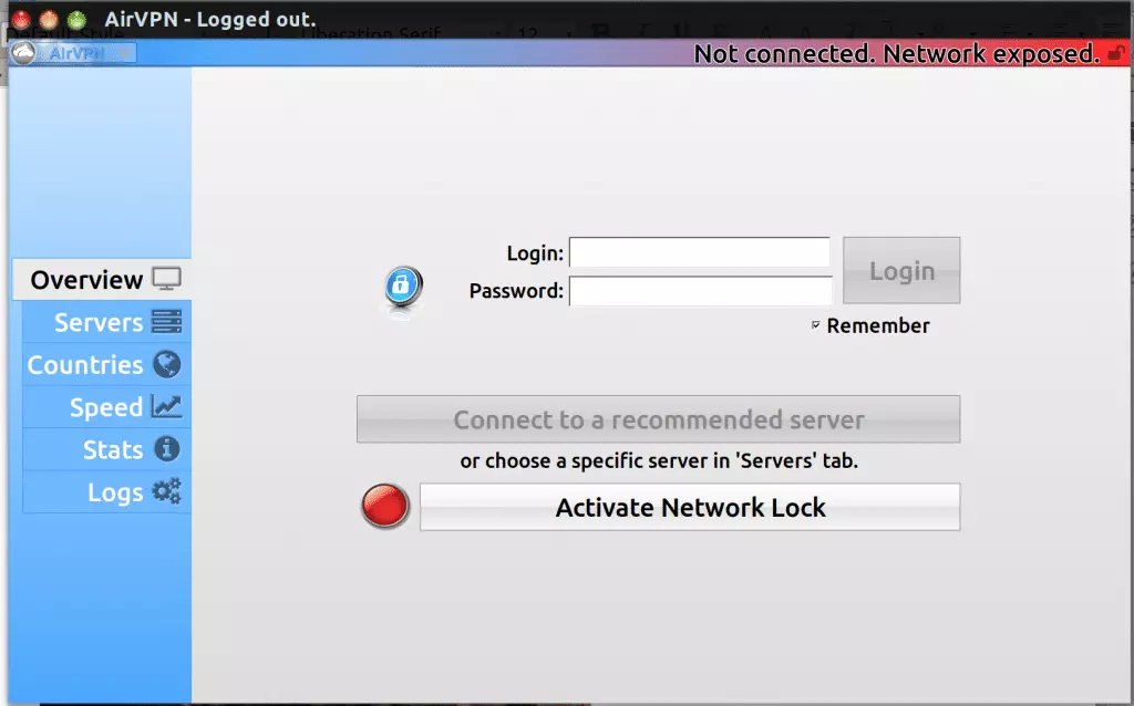 AirVPN start up window AirVPN start up window