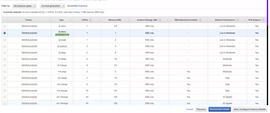 5 t2.micro selection