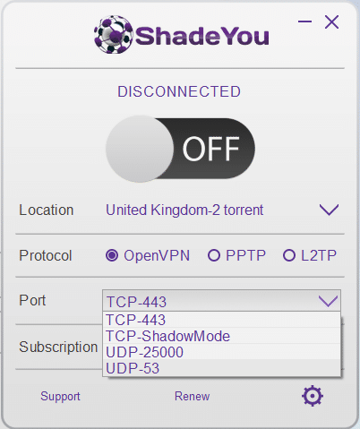 ShadeYou port selection