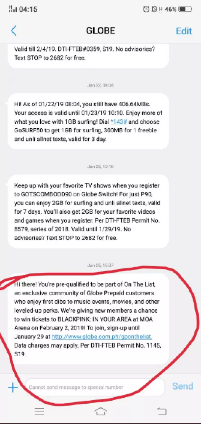 Screenshot of Globe communication