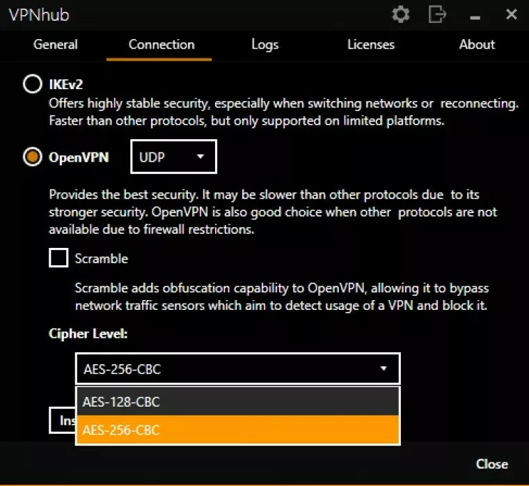 VPNhub Encryption protocols
