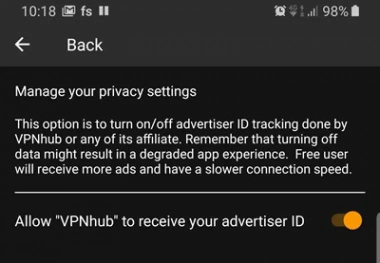 VPNhub privacy settings
