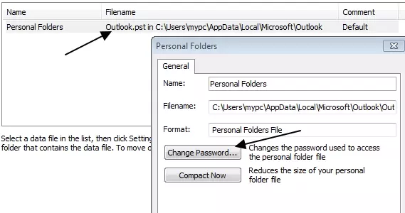 change password under personal folders