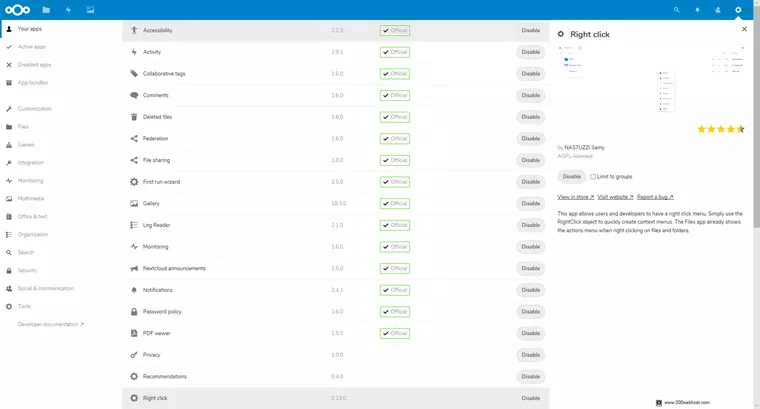 admin panel in nextcloud client
