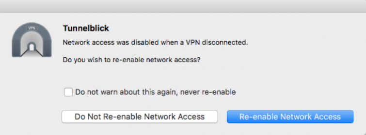 Ağ Erişim Tunnelblick yeniden etkinleştirilebilir