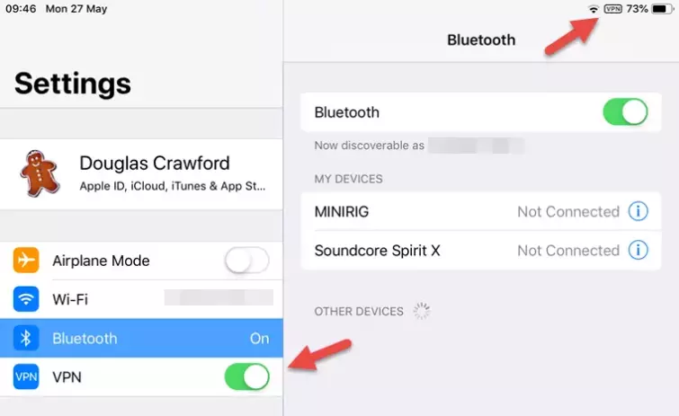 Notification bar showing VPN is connected