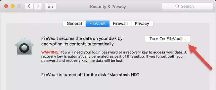 turn on filevault for encryption