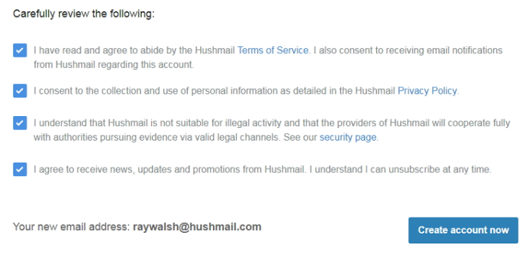Hushmail create account
