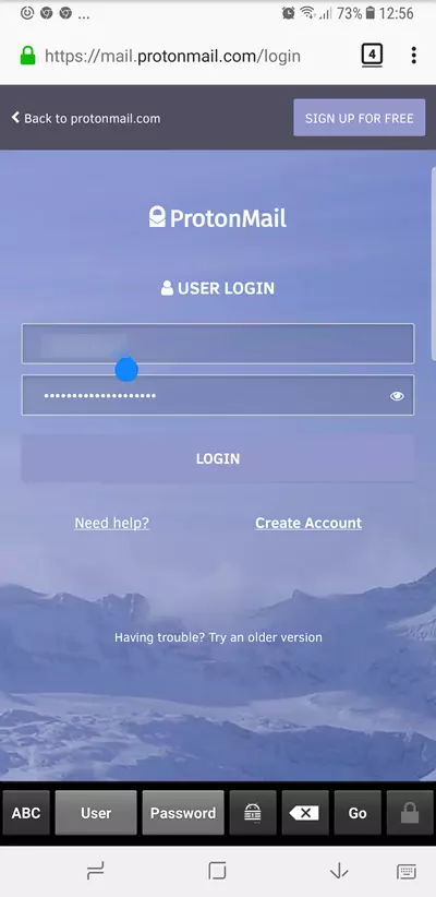 ProtonMail login screen