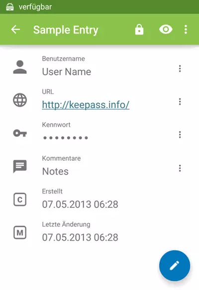 Keepass2Android sample entry