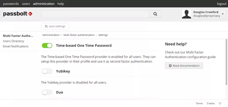 Passbolt two factor authentication settings