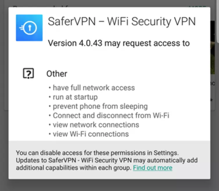 SaferVPN app permissions