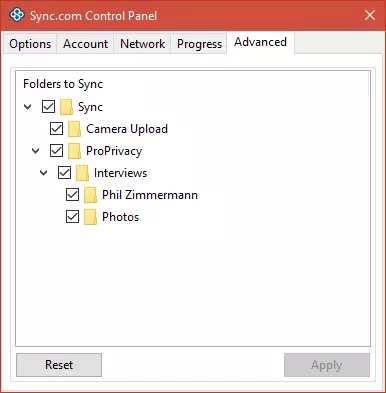 sync.com control panel advances settings