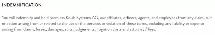 Indemnification Kolab Now
