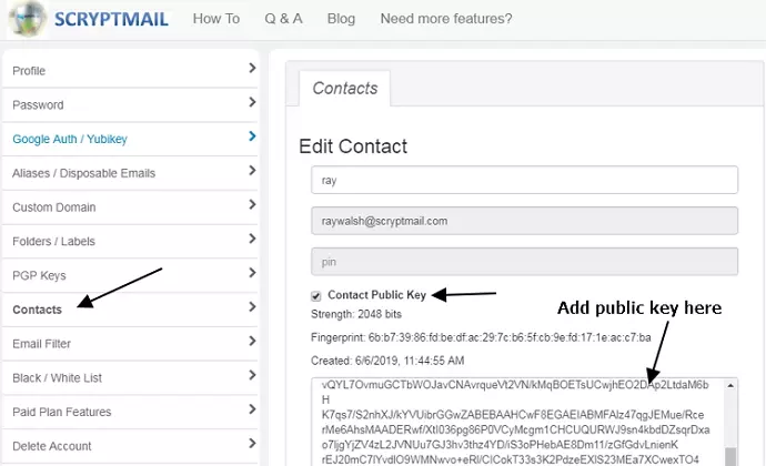 scryptmail contacts menu