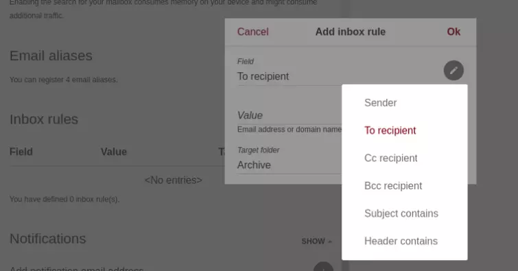 Inbox rules send recipient