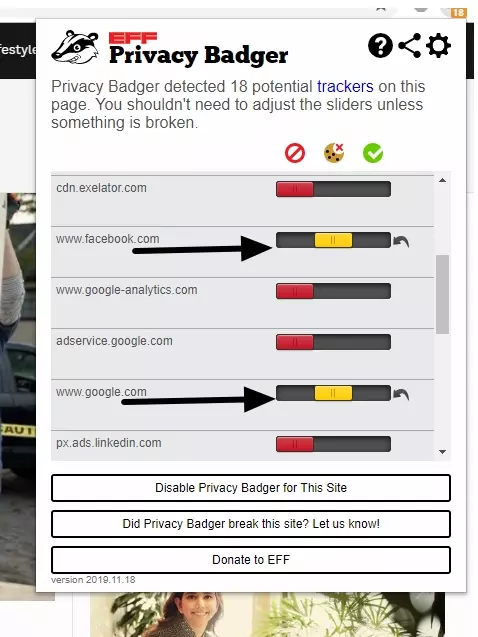 privacy badger showing tracking
