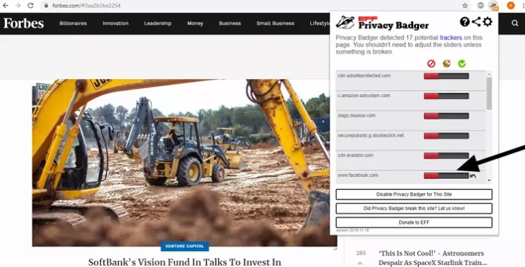 Privacy Badger showing privacy blocking scripts