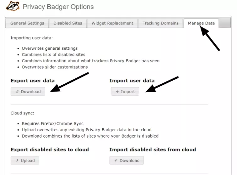 export user data from privacy badger