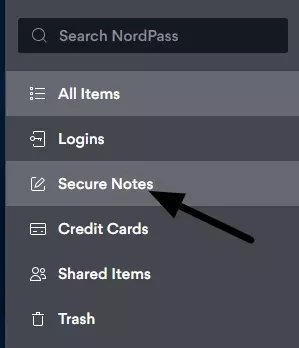 secure notes tab