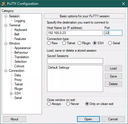 putty configuration screen