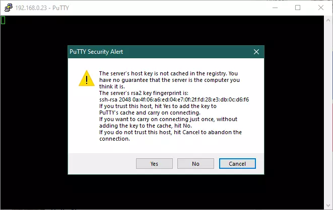 PuTTY security Alert