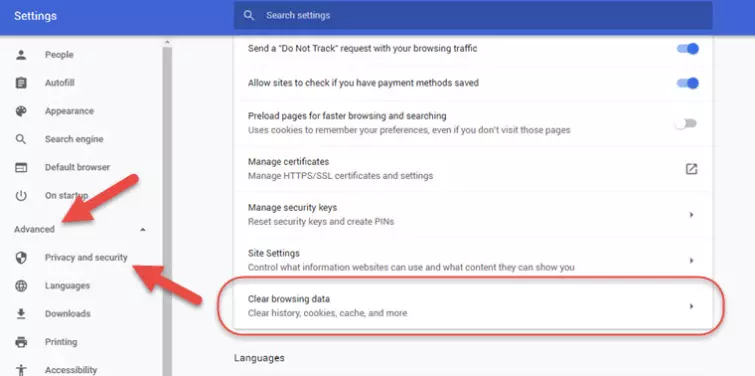 advanced settings option in chrome