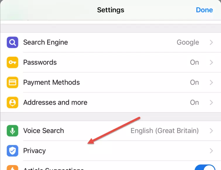 privacy option in settings screen