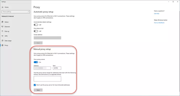 Proxy settings in Windows