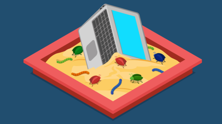 cartoon of laptop in sandbox