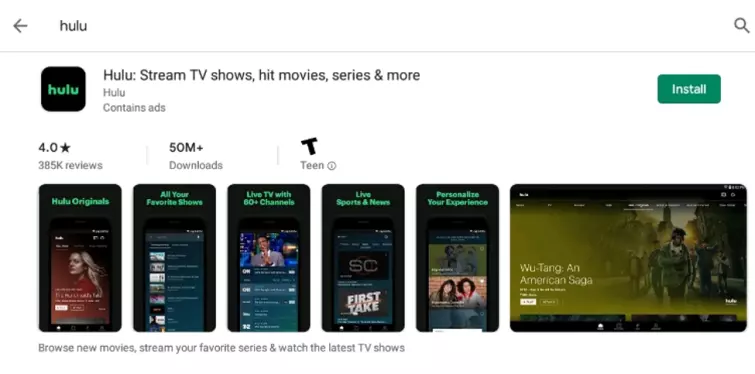 Hulu app in the playstore