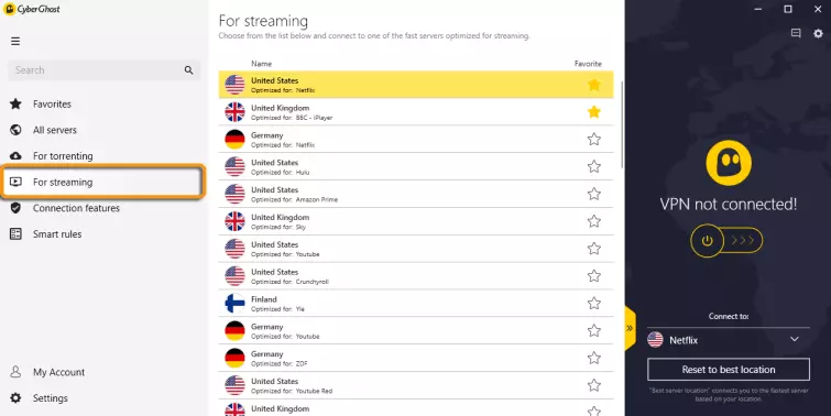 cyberghost steaming servers