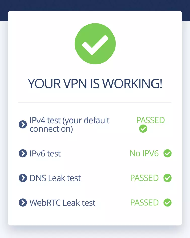 proprivacy leak test showing no leaks