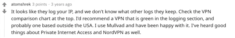 Mullvad recommended by Reddit user