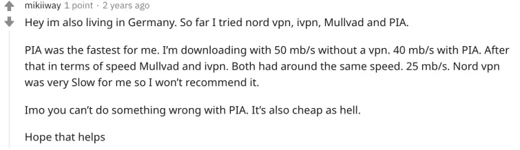 Reddit user recommending PIA