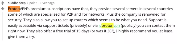 Reddit user recommends ProtonVPN