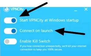 start on launch, connect on launch, and kill switch settings