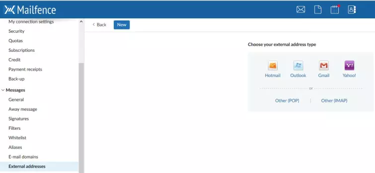 The my connection settings tab within mailfence