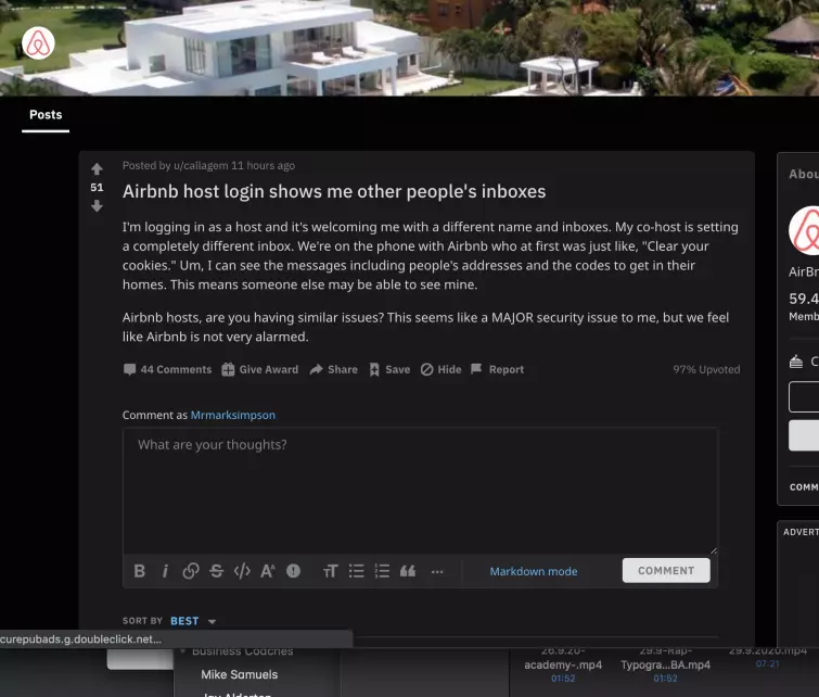 Reddit post by Callagem regarding Airbnb leak