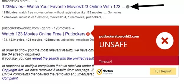 Norton safe browsing showing unsafe website