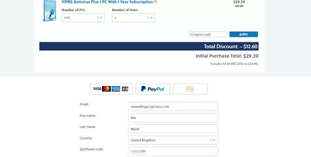 Vipre payment page