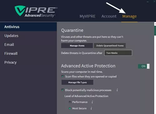 Manage tab in the software