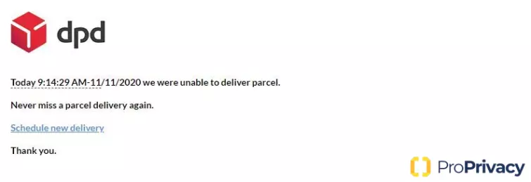 DPD scam email with malicious link